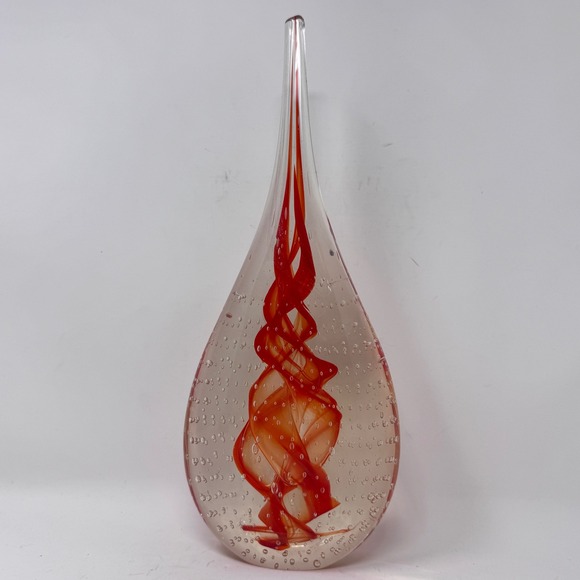 Hand Blown Art Glass Teardrop Sculpture Controlled Bubbles Red Swirl 12